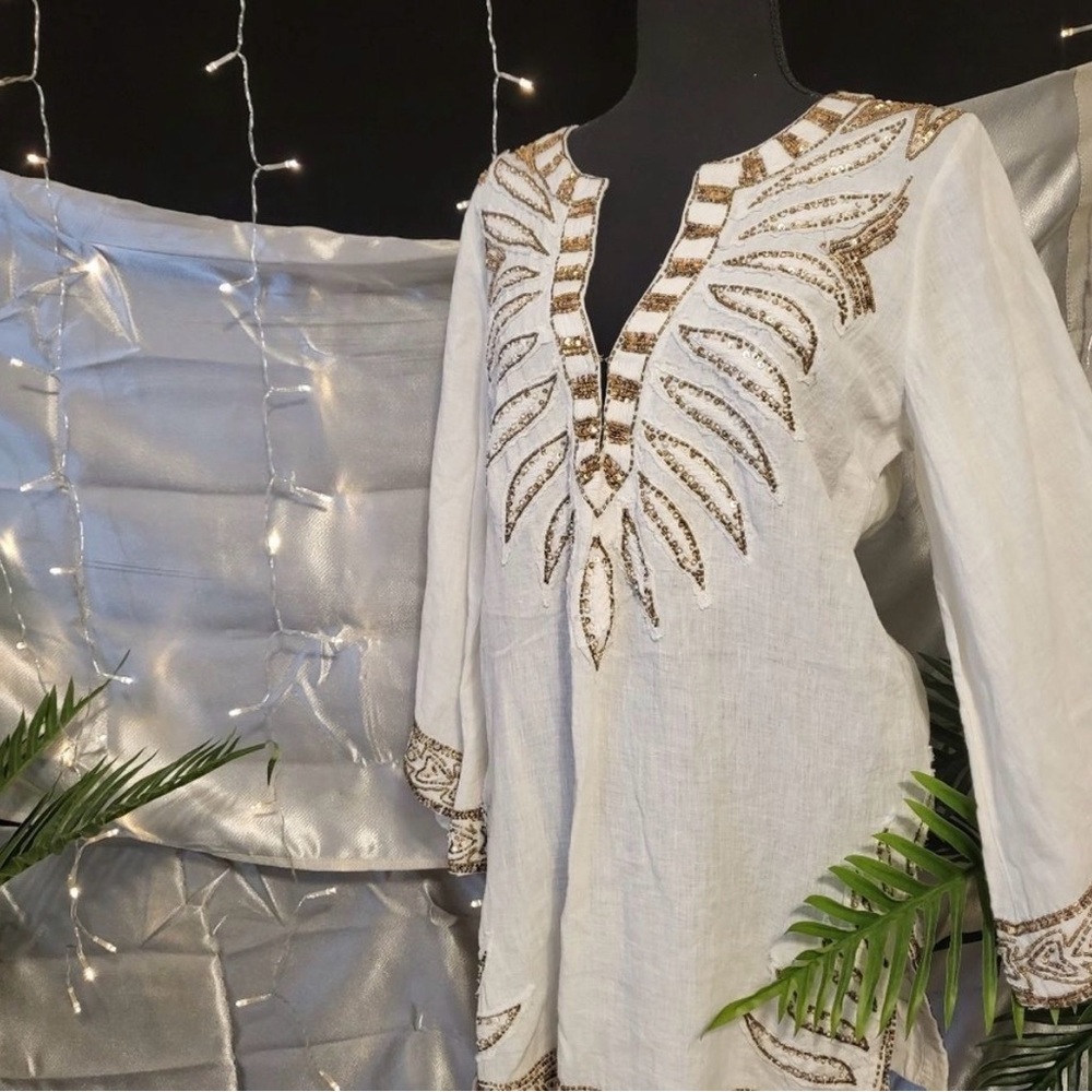 White Linen Tunic Top with Gold Embroidered Accents